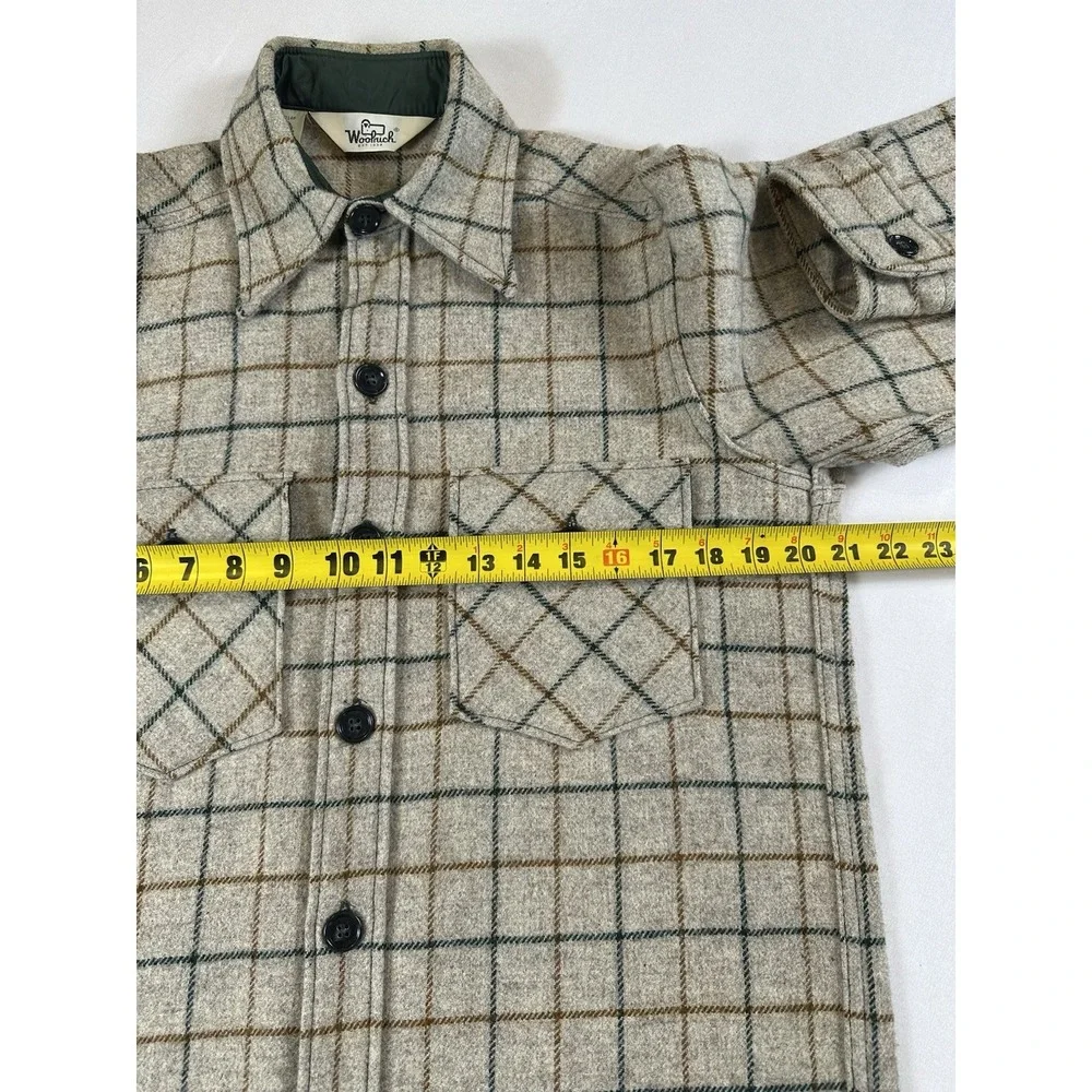 Vtg WOOLRICH Wool Shacket Shirt Jacket Heavy Plaid Tan Brown Green Overshirt Med